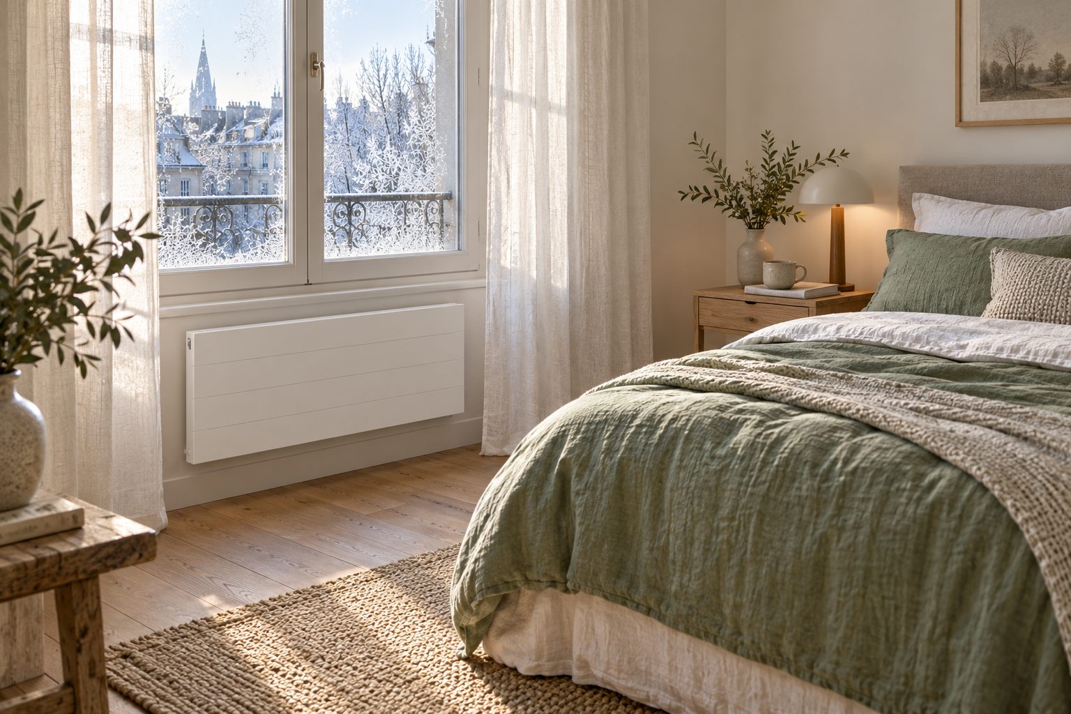 Chambre lumineuse un matin d'hiver avec un radiateur électrique blanc sous la fenêtre