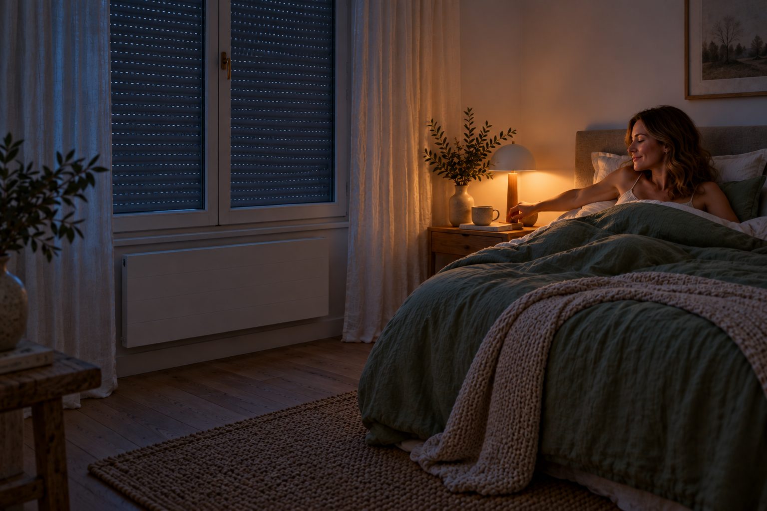 Au lit, elle éteint la lampe de chevet, volets fermés