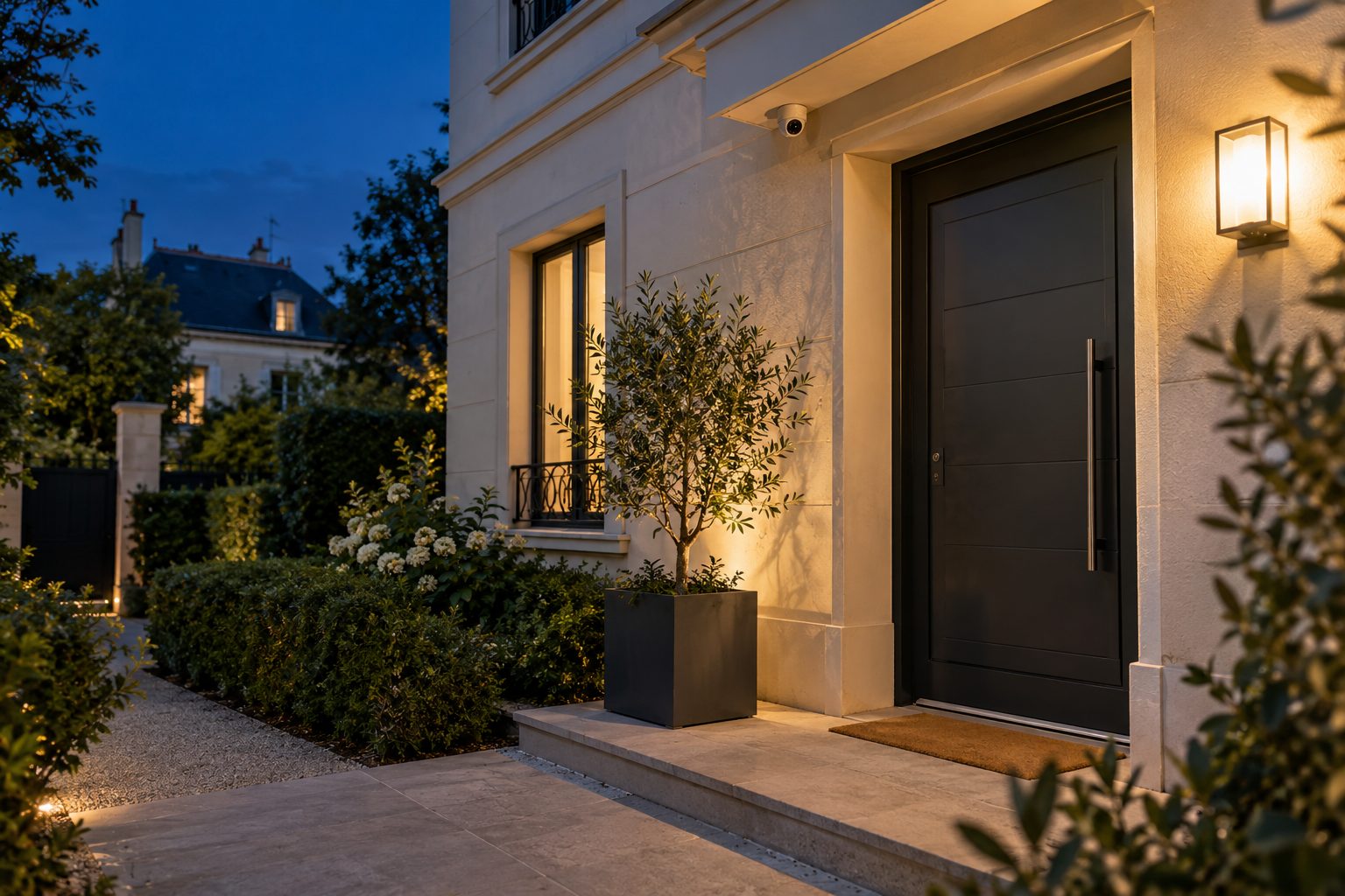 Entrée de maison au crépuscule avec une caméra discrète au-dessus de la porte